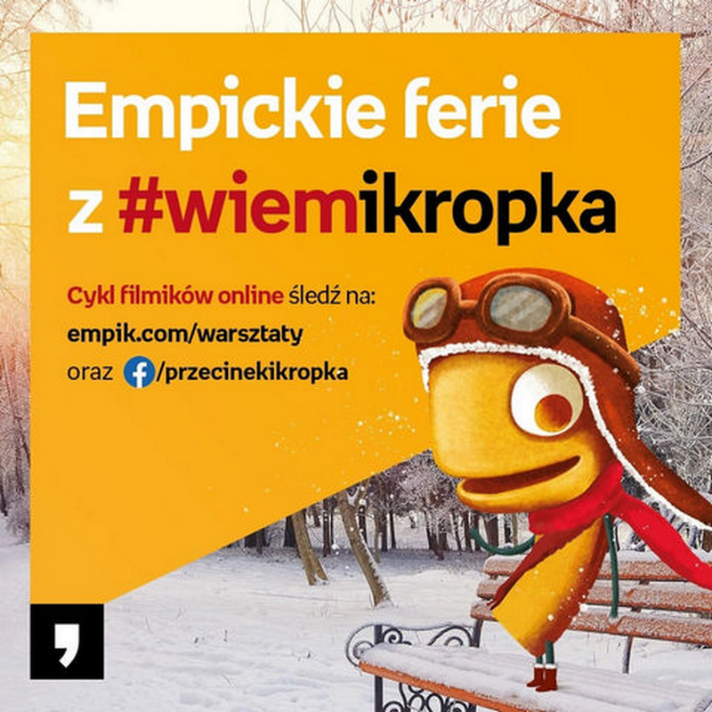 plakat: empickie ferie z wiem i kropka - kolorowe litery na żółtym tle. z przodu śmieszna postać w czerwonej pilotce 