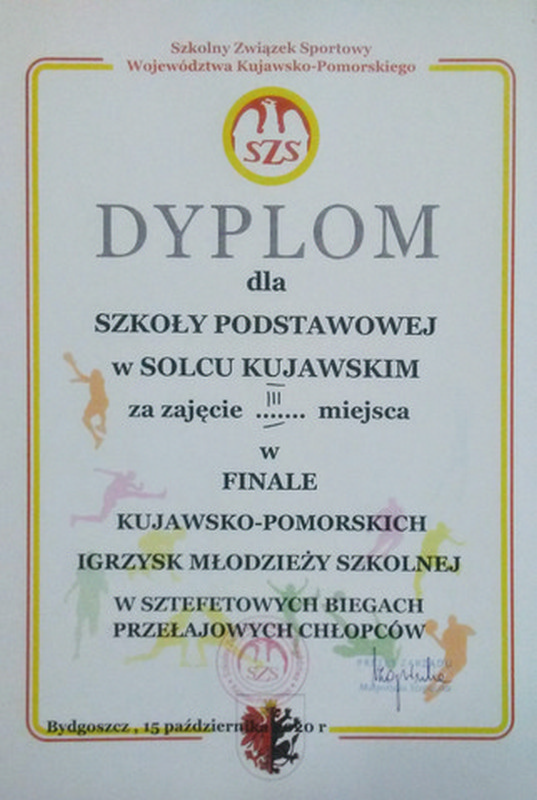 dyplom sportowy za sztafetowe biegi przełajowe chłopców