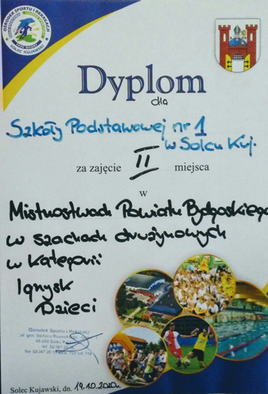 dyplom za zajęcie II miejsca w mistrzostwach powiatu w szachach (dzieci)