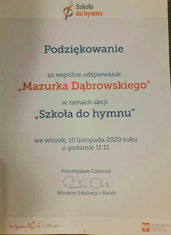 podziękowanie za udział w akcji Szkoła do hymnu