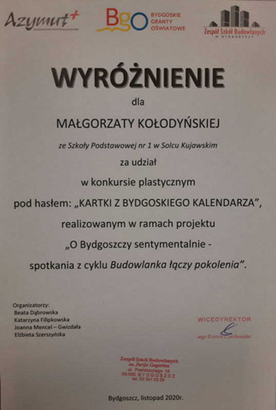 dyplom dla uczennicy za wyróżnienie w konkursie plastycznym zorganizowanym przez Technikum Budowlane