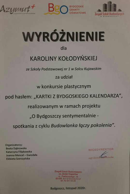 dyplom dla uczennicy za wyróżnienie w konkursie plastycznym organizowanym przez Technikum Budowlane 