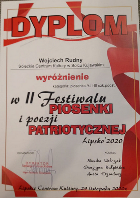 dyplom ucznia za wyróżnienie w II festiwalu piosenki i prozy patriotycznej