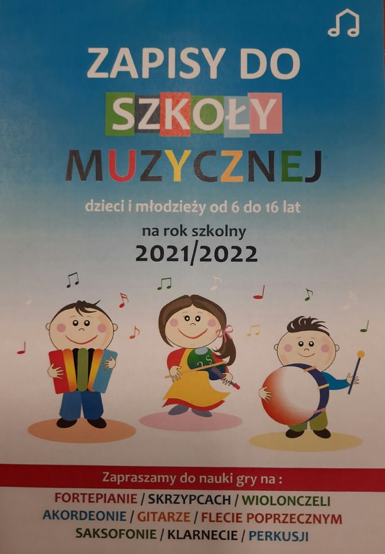 ulotka reklamowa szkoły muzycznej: na cieniowanym niebieskim tle napisy reklamujące szkołę muzyczną oraz kolorowe rysunki dzieci z instrumentami muzycznymi