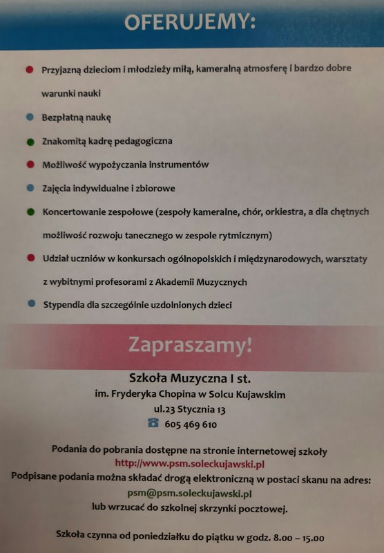 oferta szkoły muzycznej wraz z danymi adresowymi w formie ulotki reklamowej