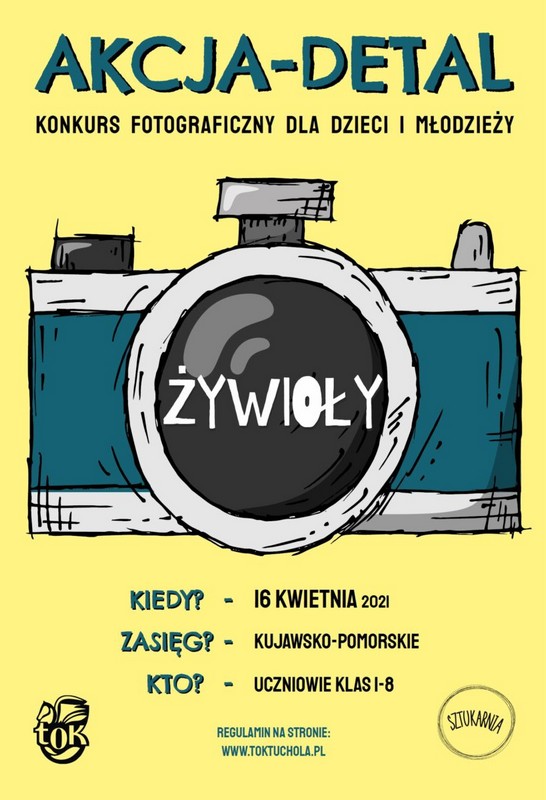 plakat reklamowy konkursu fotograficznego - widoczny aparat fotograficzny oraz napisy - wyciąg z regulaminu