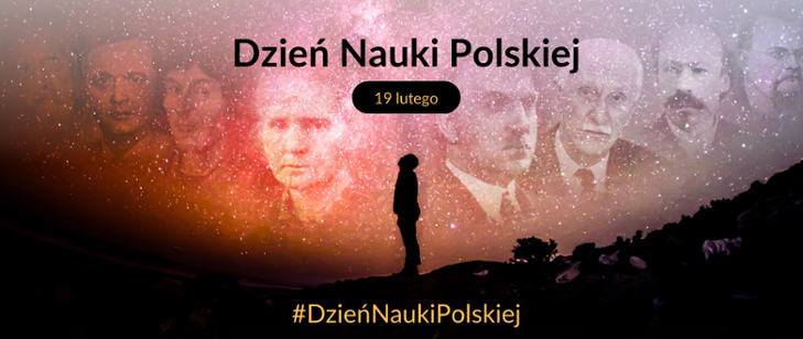 plakat Dzień Nauki Polskiej - 19 lutego - widoczne popiersia wybitnych polskich naukowców