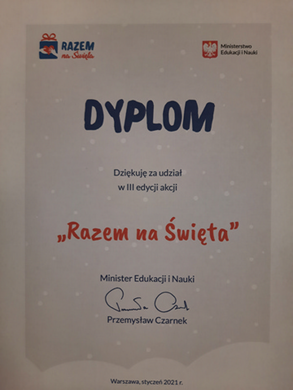 dyplom od ministra edukacji i nauki za udział w ogólnopolskiej akcji "Razem na święta"